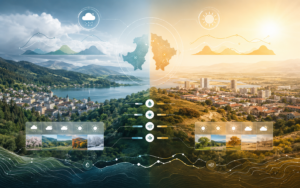 Gráfico comparativo de patrones climáticos y variabilidad térmica entre diferentes ubicaciones geográficas.